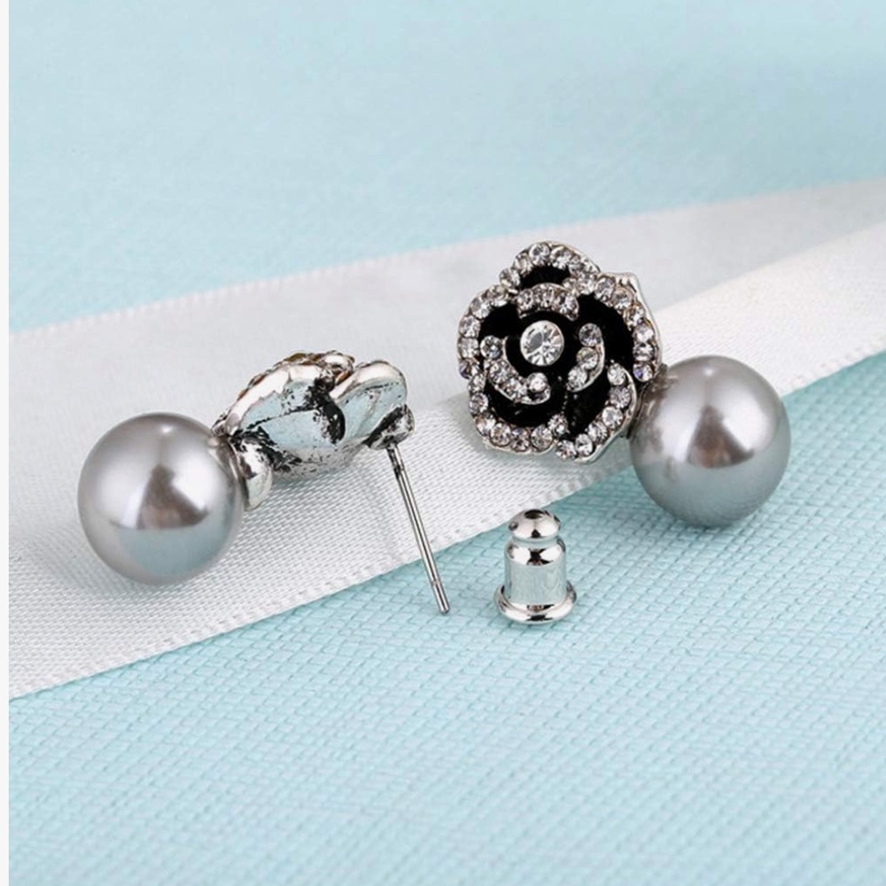 14k Crystal Camellia Flower Earrings - Picture 6 of 8